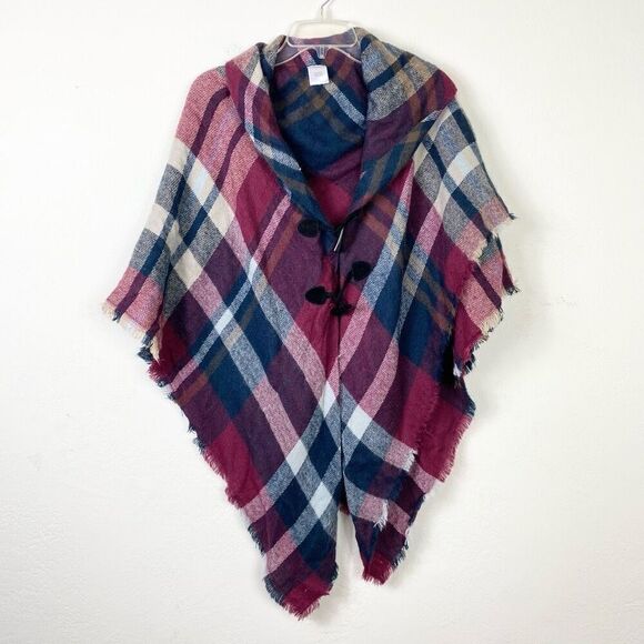 Isa & Steph Berry Red & Navy Plaid Button Up Poncho Wrap One Size - Picture 1 of 4